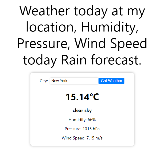 Weather today at my location, Humidity, Pressure, Wind Speed, today Rain forecast.